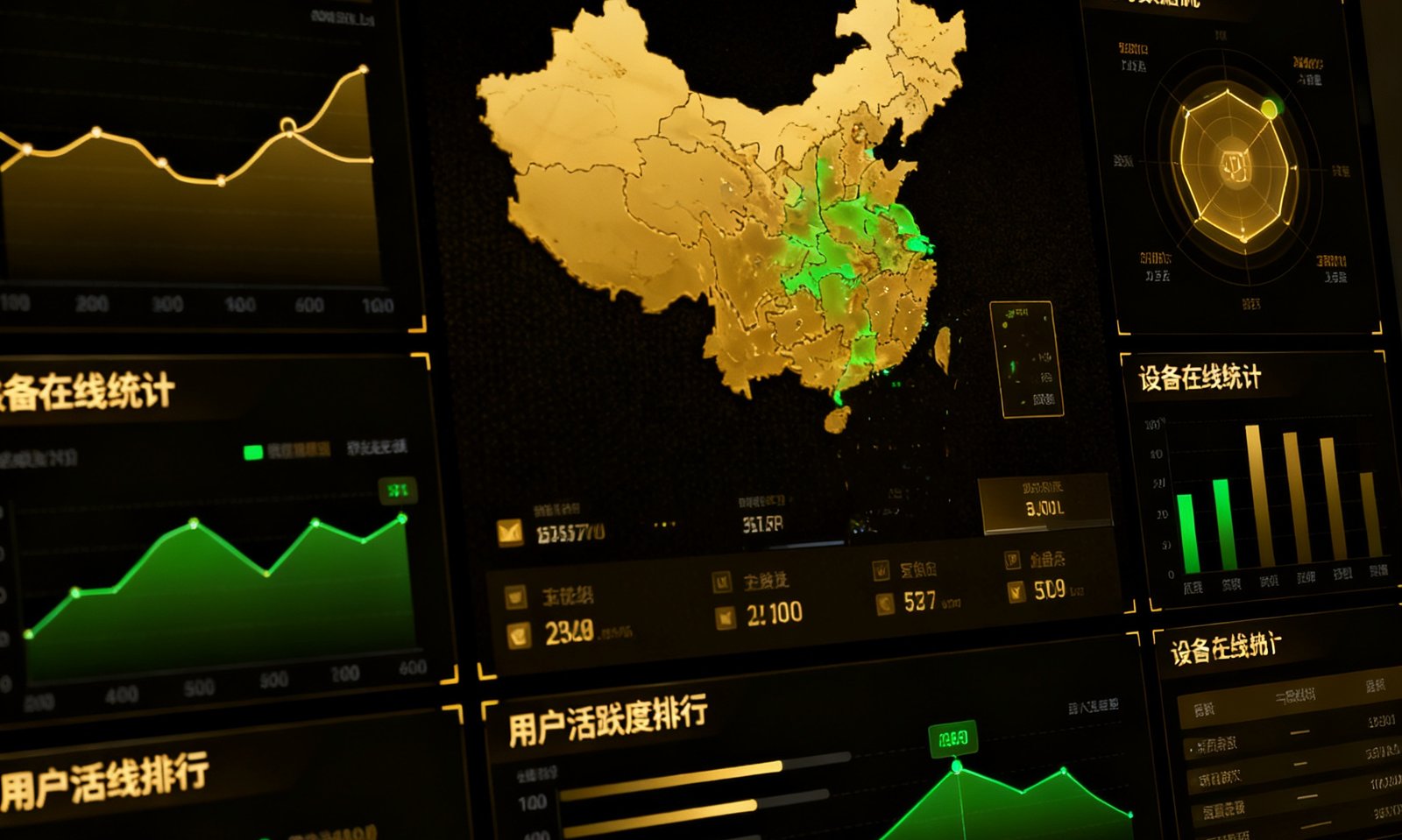 伟德体育大数据平台的可视化仪表盘界面，深色背景上展示全国运动热力地图、实时数据流曲线、设备在线统计和用户活跃度排行，数据以金色和绿色图表呈现