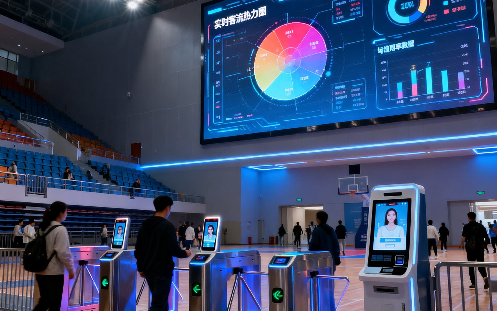 现代化智能体育馆内部全景，LED大屏显示实时客流热力图和场馆使用率数据，自助闸机入口有市民刷脸进入，灯光系统根据人流量自动调节亮度
